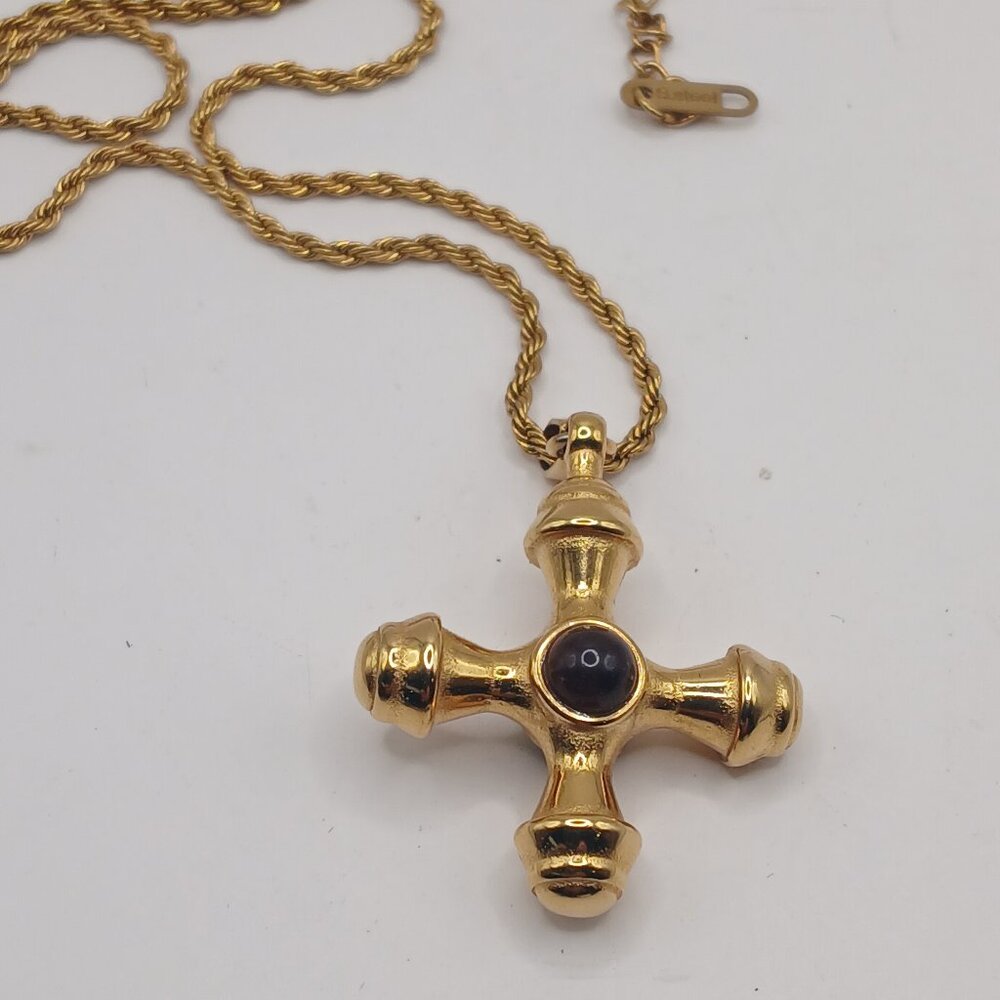 Gold Toned Cross Pendant Necklace with Tiger Eye Stone